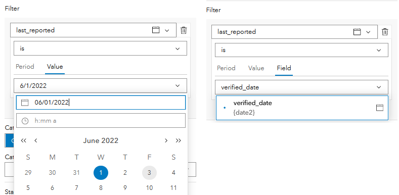 Options for entering values for fixed date filters